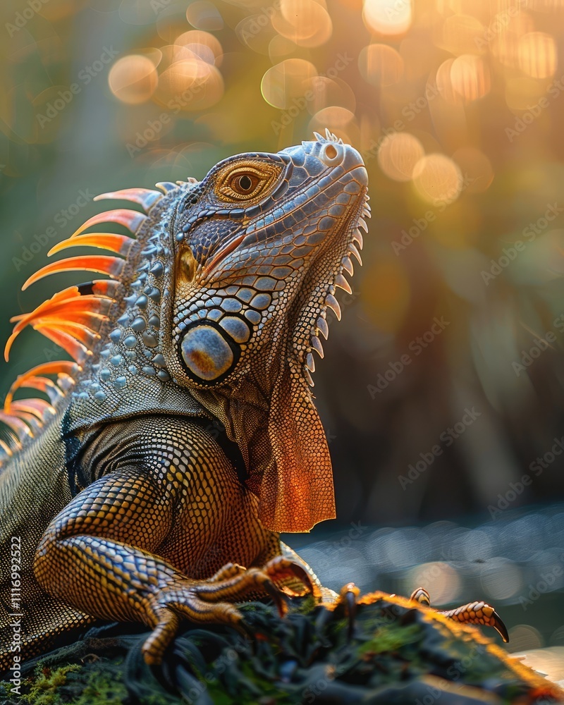 Fototapeta premium iguana on sunlit tree branch with natural forest view ai generated
