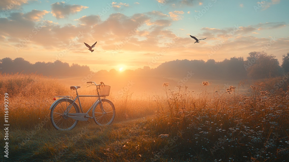 Fototapeta premium bicycle, sunset horizon, with copy space. world bicycle day background concept 