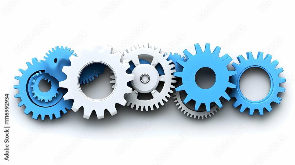 Interlocking gears, blue and white cogs, mechanism. Interlocking gears, blue and white cogs, mechanism.