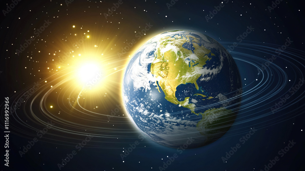 Fototapeta premium Earth axis diagram illustration showing the tilt of the Earth's rotational axis relative to its orbital plane, explaining the cause of seasonal changes and the distribution of sunlight.