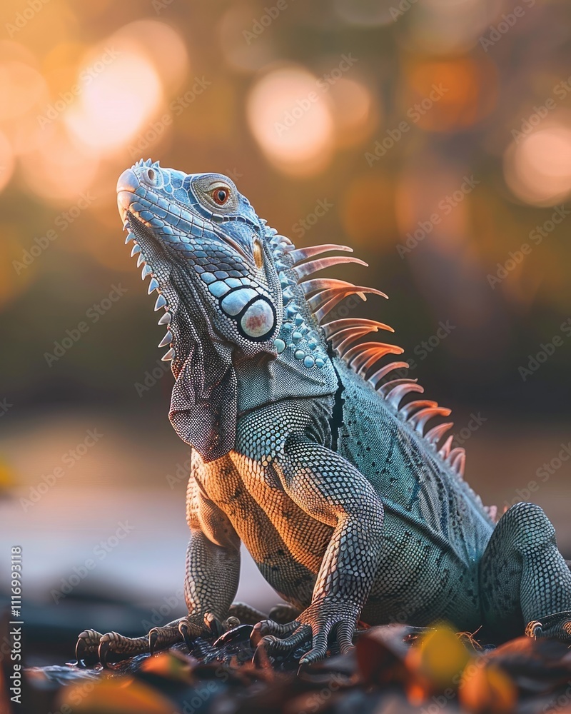 Fototapeta premium iguana on sunlit tree branch with natural forest view ai generated