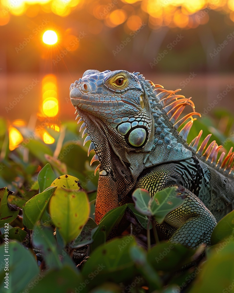 Fototapeta premium iguana on sunlit tree branch with natural forest view ai generated