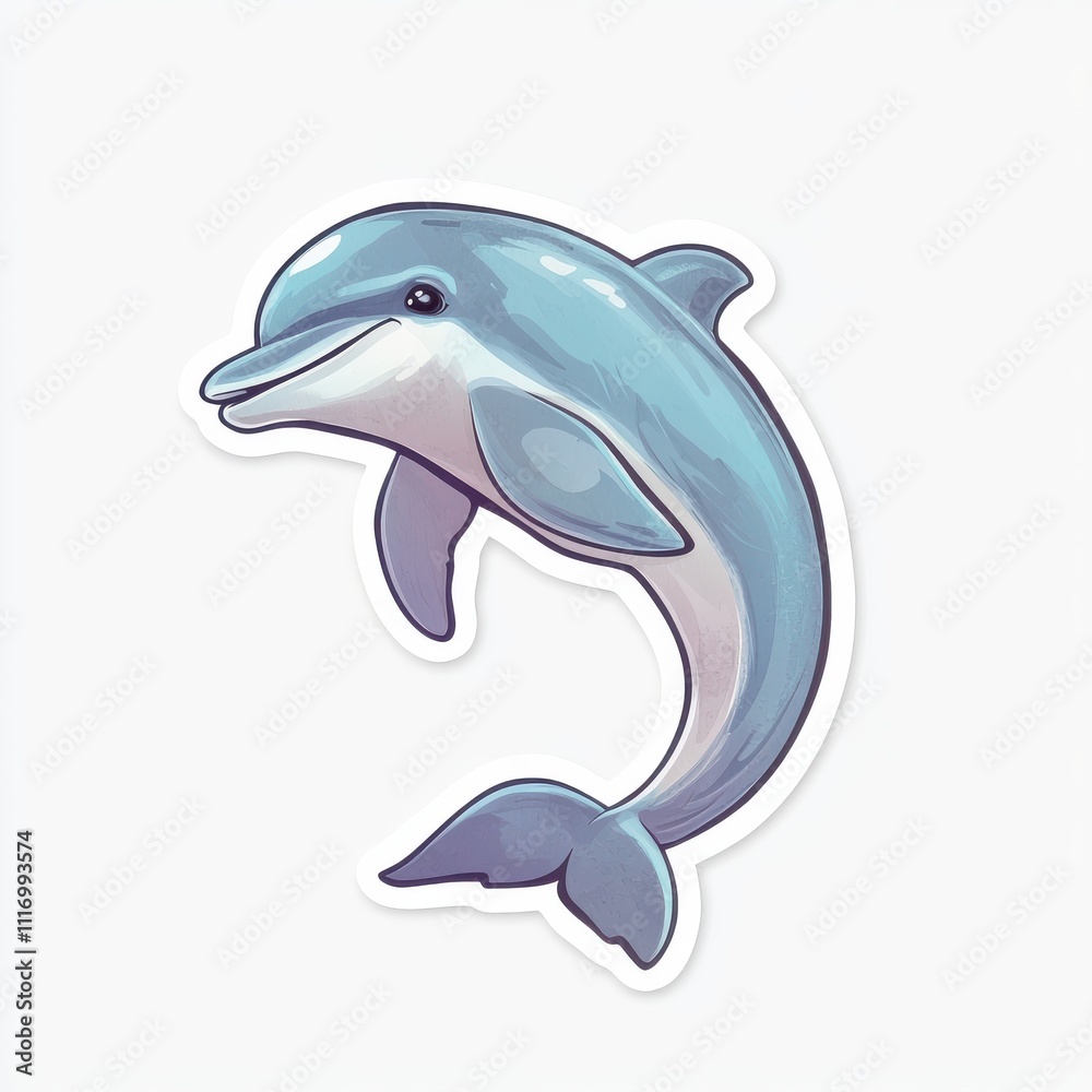 Fototapeta premium Adorable cartoon dolphin leaping playfully, isolated on white.