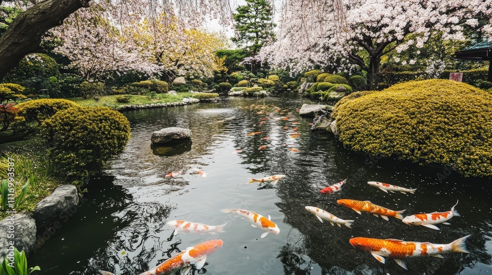 A serene koi pond in a Japanese garden, surrounded by cherry blossoms A serene koi pond in a Japanese garden, surrounded by cherry blossoms