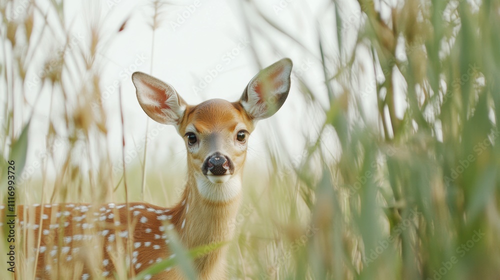 Young whitetail deer fawn observes surroundings through marsh grass during summer in open field Young whitetail deer fawn observes surroundings through marsh grass during summer in open field