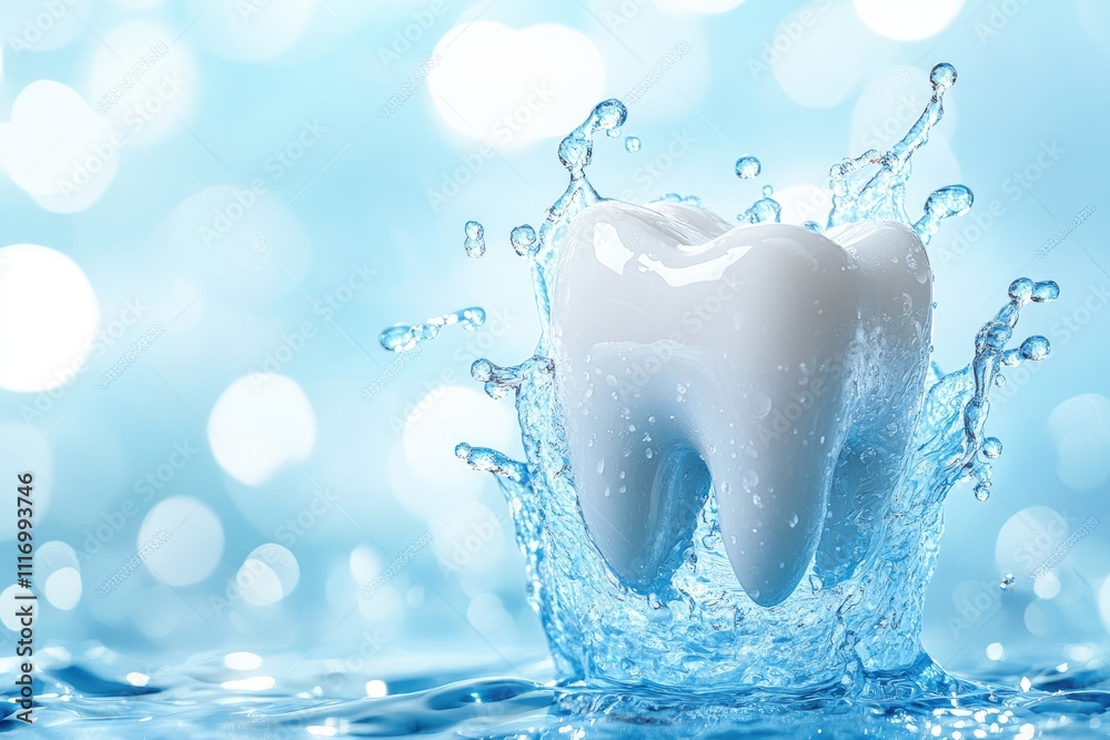 Dental freshness: gleaming white tooth surrounded by dynamic water splashes, cleanliness and vitality, importance of oral hygiene and its refreshing effects on overall health.