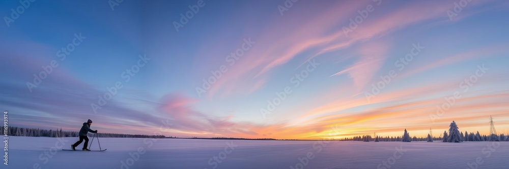 Fototapeta premium Cross country skiers gliding through a snowy winter wonderland in Scandinavia at sunset, with colorful sky, frosty, landscape