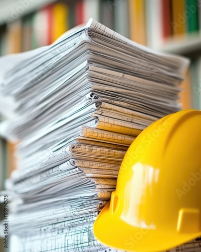 A stack of documents with a yellow hard hat, suggesting construction work.