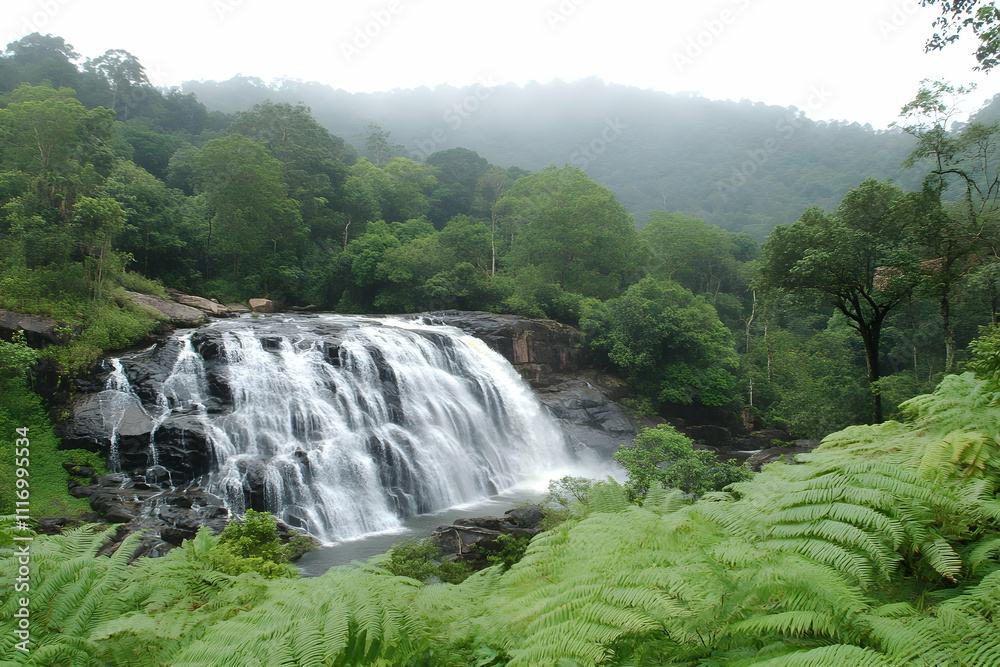 Lush green foliage frames a cascading waterfall in a misty forest. Lush green foliage frames a cascading waterfall in a misty forest.