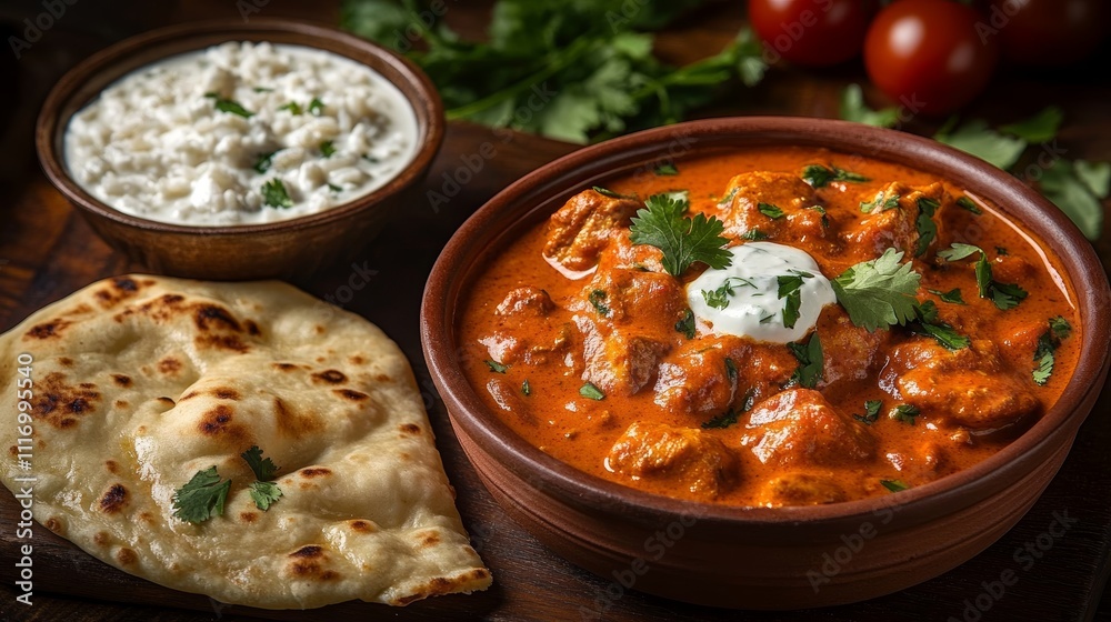 Spicy Chicken Tikka Masala with Basmati Rice and Naan Bread Garnished with Cilantro and Tomatoes Spicy Chicken Tikka Masala with Basmati Rice and Naan Bread Garnished with Cilantro and Tomatoes