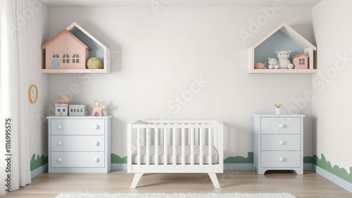 Cute children's room with house shaped shelves and crib interior design, nursery, shelves photo