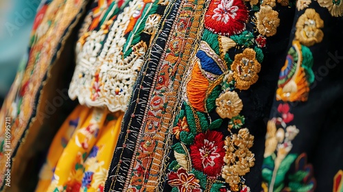 Close-up of intricate embroidery on traditional costume