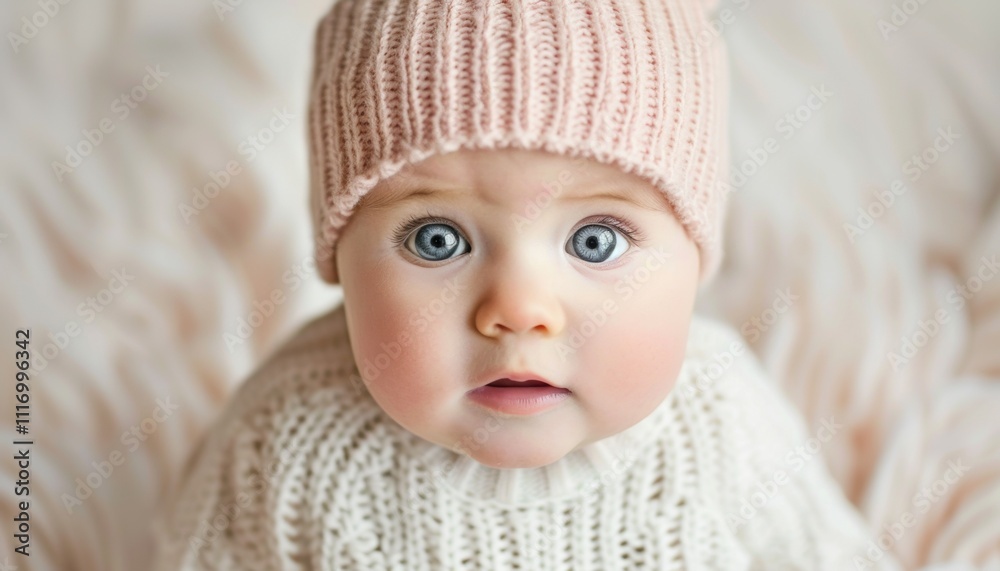 A close-up of a baby with big blue eyes wearing a knitted hat. A close-up of a baby with big blue eyes wearing a knitted hat.