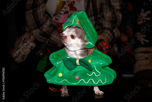 Cute little Chihuahua dog wearing Christmas Tree fancy dress