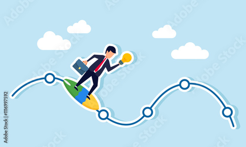 A businessman carrying a lamp while riding a surfboard gliding along a line, illustration of implementing the right business ideas to keep the business on track
