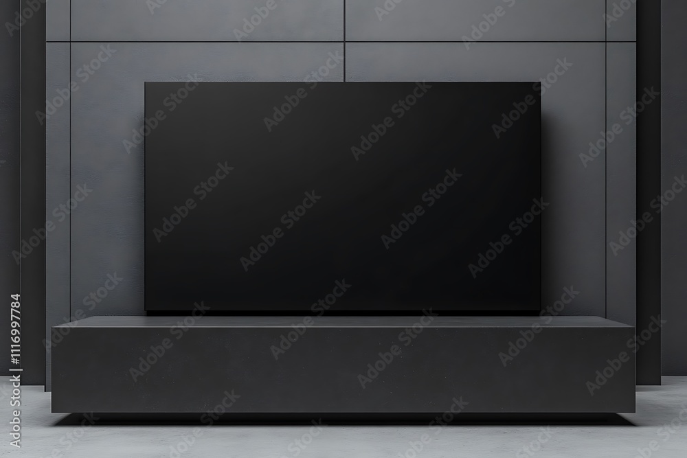 Fototapeta premium A minimalist black television mounted on a sleek, dark console in a modern interior.