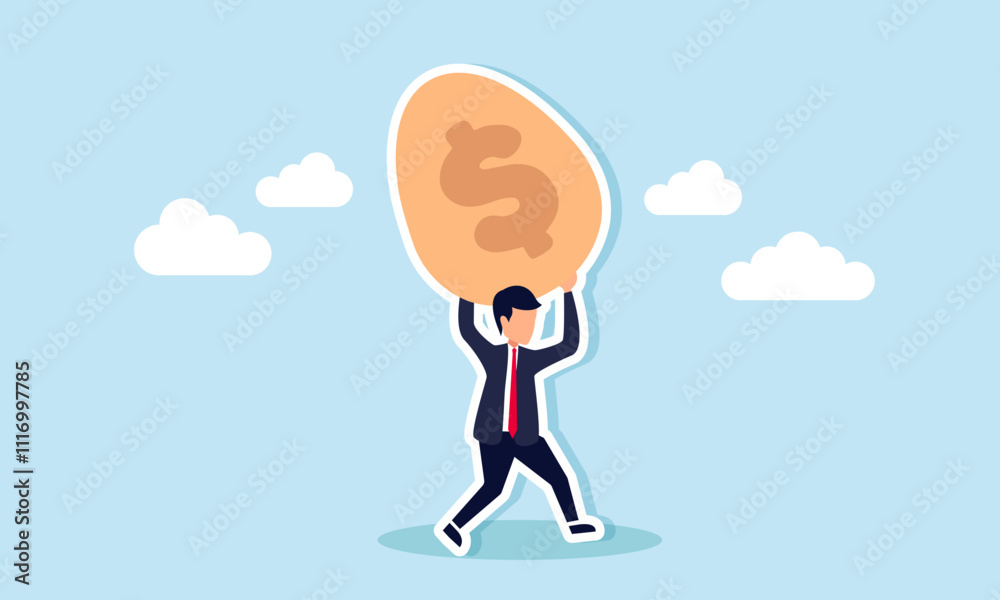 A businessman runs holding an egg labeled with a dollar sign, illustration of securing the potential of a profitable business project A businessman runs holding an egg labeled with a dollar sign, illustration of securing the potential of a profitable business project