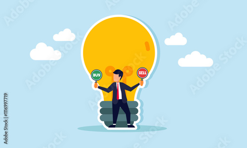 A businessman holding BUY and SELL boards stands in front of a lamp, illustration of choosing between BUY or SELL business ideas and innovations