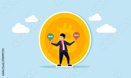 A businessman holding BUY and SELL boards stands in front of a bitcoin, illustration of choosing between BUY or SELL bitcoin assets