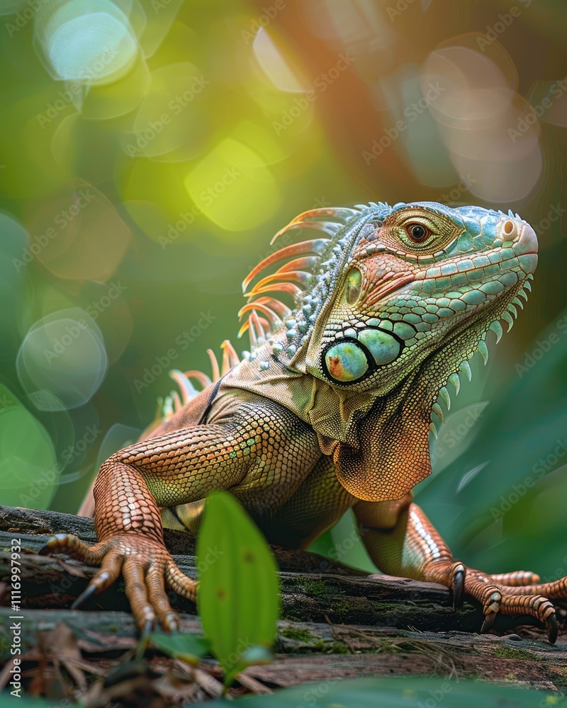 Fototapeta premium iguana on sunlit tree branch with natural forest view ai generated