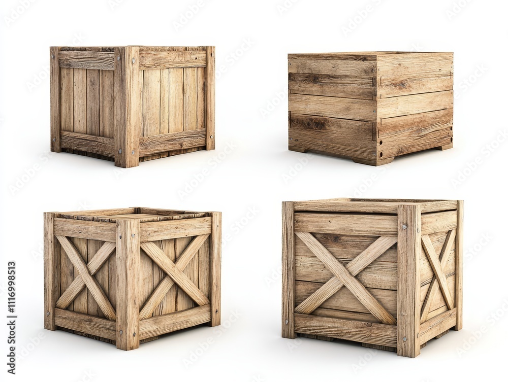 Set of four wooden crates isolated on white background. Set of four wooden crates isolated on white background.