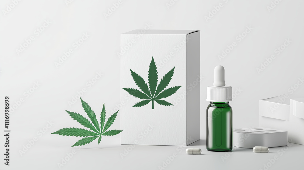 Cannabis product packaging with green leaf and dropper bottle design
