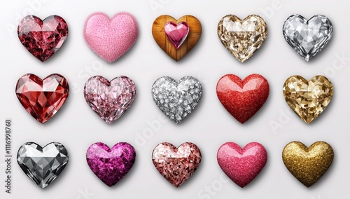 Collection of 16 heart shapes in different textures, styles, and colors.