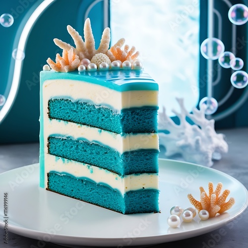 cake slice inspired by the ocean and futuristic aesthetics
