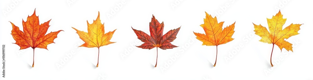 Five autumn leaves in various shades of orange, yellow and red, isolated against a white background. Five autumn leaves in various shades of orange, yellow and red, isolated against a white background.