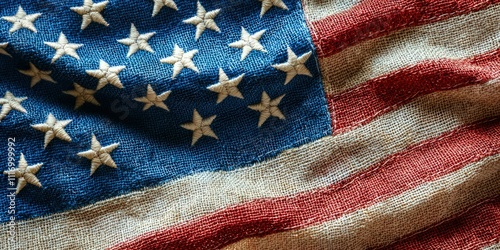 A detailed close-up of the American flag, focusing on the stitching and texture of the fabric, with emphasis on the stars and stripes.