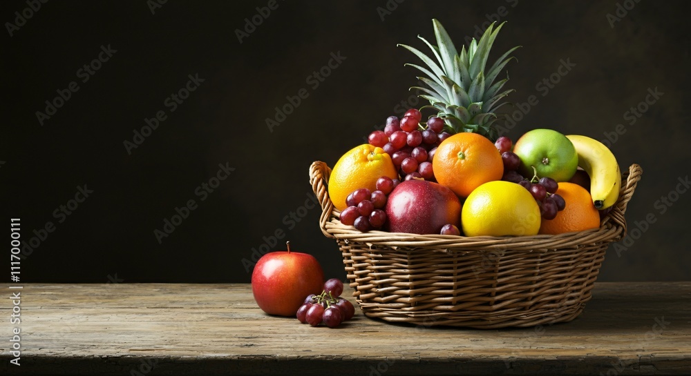 Basket of colorful fresh fruits placed on a rustic kitchen counter Basket of colorful fresh fruits placed on a rustic kitchen counter