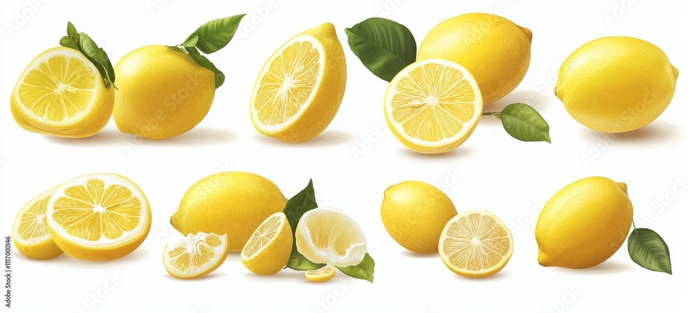 A collection of whole, halved, and sliced lemons with green leaves on a white background. A collection of whole, halved, and sliced lemons with green leaves on a white background.