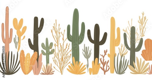 A row of various cacti and desert plants on a white background.