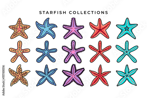 set of colorful starfish mollusc cartoon illustration vector. doodle colored starfish coral illustration collection. element design of colorful sea starfish for kids decoration and merchandise