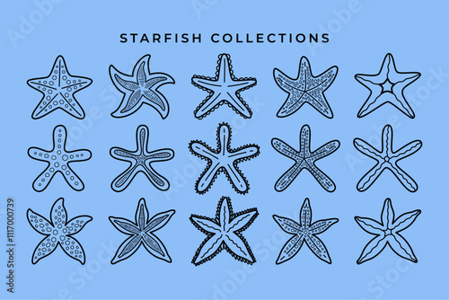 set of starfish mollusc line art illustration vector. doodle starfish coral hand drawn illustration collection. element design of sea starfish engraved for kids decoration and merchandise
