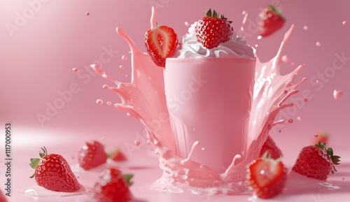 A glass of pink strawberry milkshake with whipped cream and strawberries, with pink milk splashing out of the glass. photo