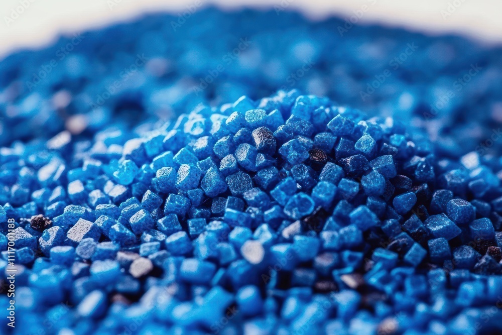 Close-Up of Blue Plastic Granules Showcasing Texture and Shine on White Background Close-Up of Blue Plastic Granules Showcasing Texture and Shine on White Background