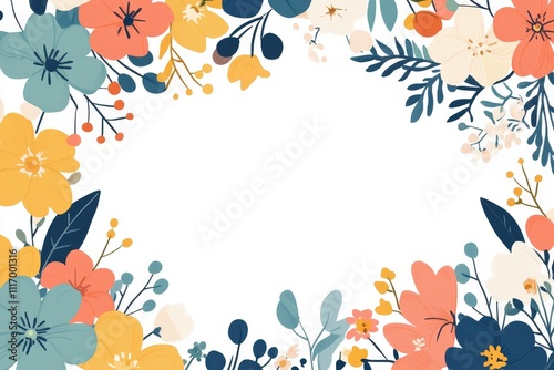 White background with floral border in blue, yellow, pink and orange tones.
