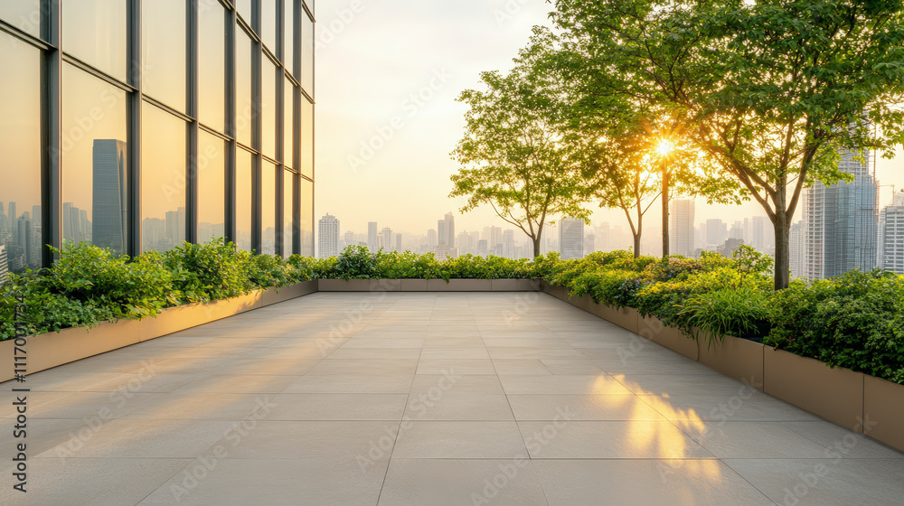 Naklejka premium A peaceful rooftop terrace with lush greenery overlooks a cityscape at sunset, reflecting a golden glow on the building's glass facade.