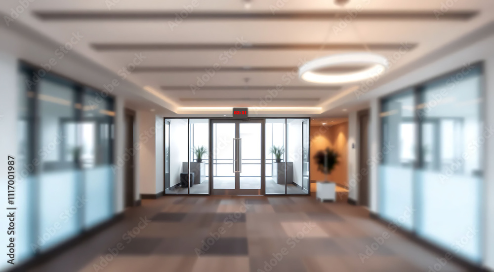 Obraz premium A bright, contemporary open-plan office space with glass partitions, neutral tones, and natural light softly blurred to emphasize a professional and corporate aesthetic.