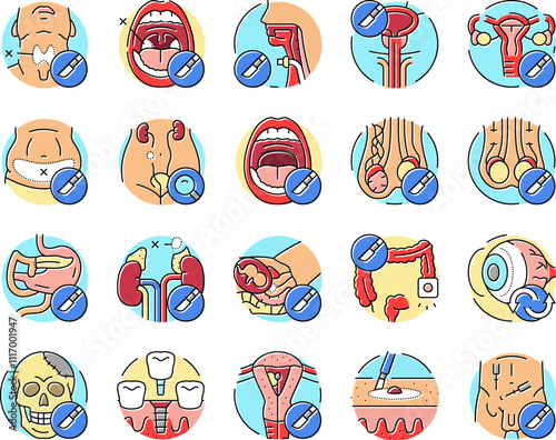 surgery health medical skin icons set vector. beauty surgical, disease treatment, pharmacy breast, face cosmetic, surgeon, stroke surgery health medical skin color line illustrations