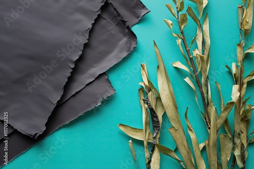 Worn Black Paper with Sharp Edges on Bright Turquoise Background