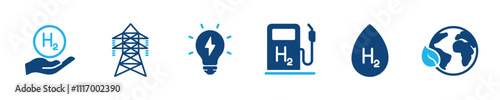 Set of glyph solid icons related hydrogen, gas, water, energy. Perfect pixel on transparent background