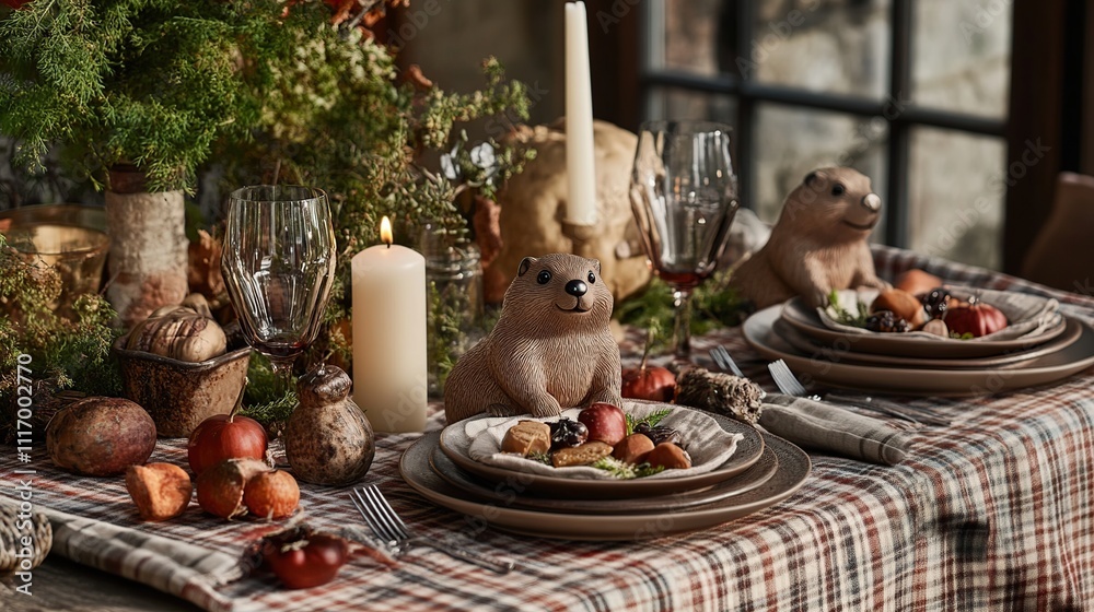 Fototapeta premium Rustic autumn table setting with woodchuck figurines, plaid tablecloth, candles, and fall decor.