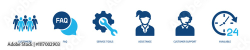 Set of glyph solid icons related support, help, customer service. Perfect pixel on transparent background