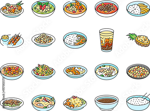 thai cuisine food asia icons set vector. curry table, various thailand, menu rice, plate delicious, som, meal, dish, cooking thai cuisine food asia color line illustrations