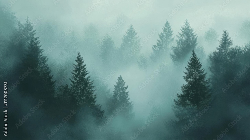 A misty forest landscape with tall trees shrouded in fog. A misty forest landscape with tall trees shrouded in fog.