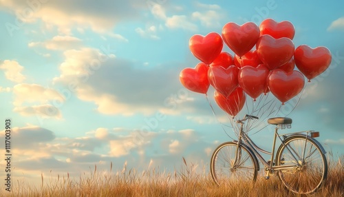 Joyful 3D image of heart balloons attached to a charming bicycle,