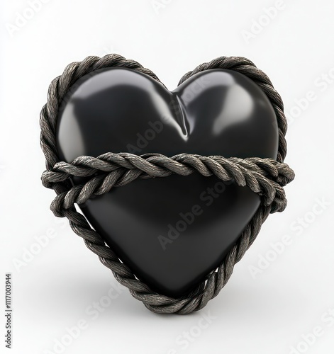 3D heart with black ropes, set against a white backdrop, emphasizing texture and smooth lighting for a polished look,