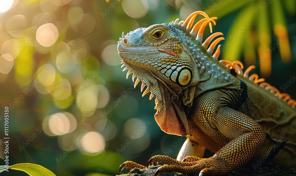 Fototapeta premium iguana on sunlit tree branch with natural forest view ai generated